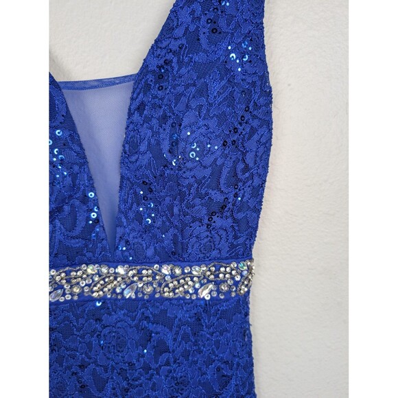 La Scala Dress Womens Small Blue Sequin Lace Gown Sleeveless V Neck Maxi Formal - Picture 3 of 8